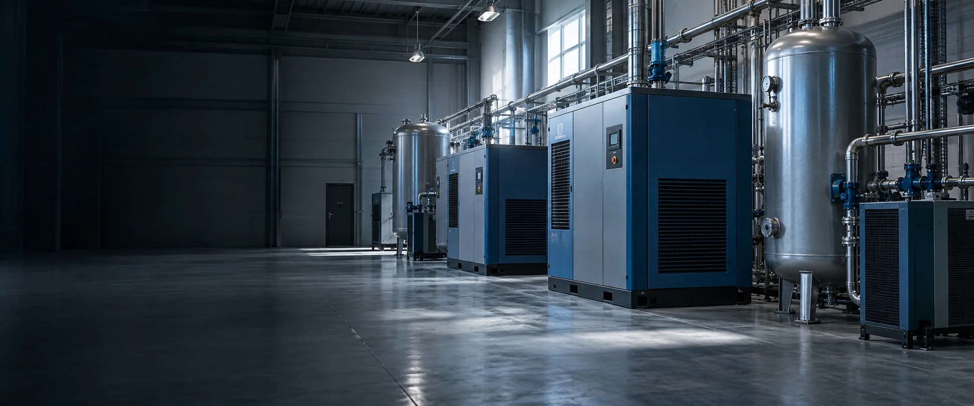 Industrial compressed air plant with receivers and dryers
